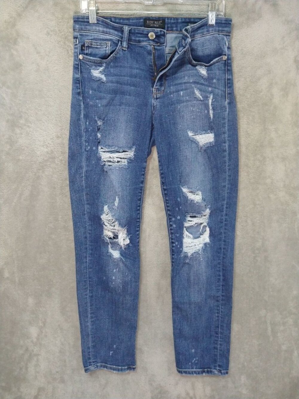 Judy Blue Jeans Womens 7/28 Denim Boyfriend Mid Rise Distressed Splatter Stretch
